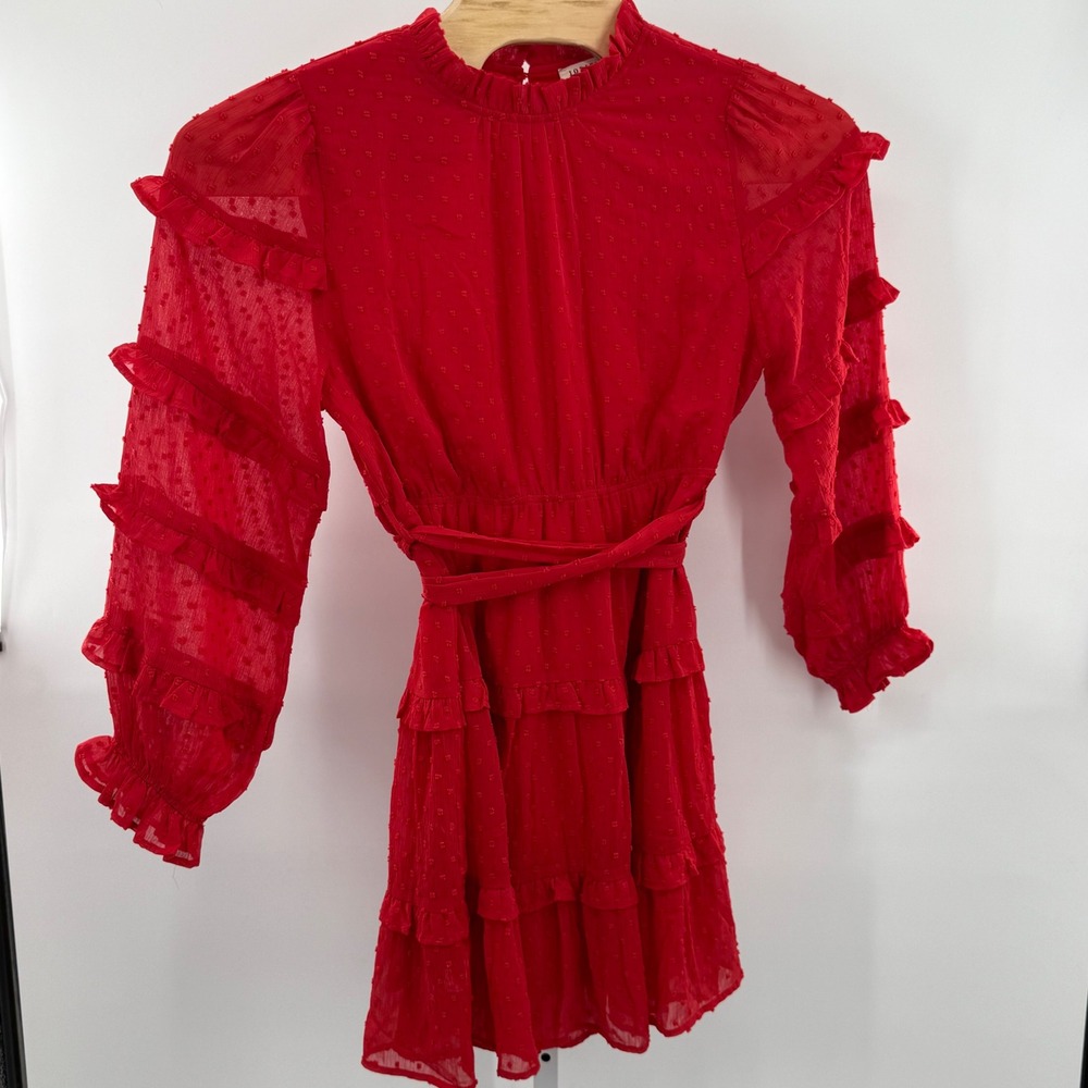 Jodifl Red Swiss Dot Mini Dress Ruffle Trim Long Sleeve Party Dress L whimsical